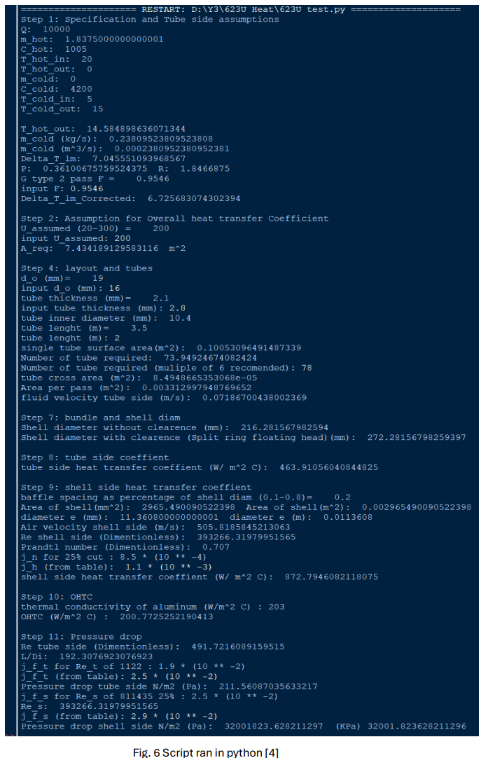 Python output for the selected heat-exchanger design.