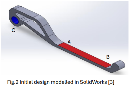 Initial motorcycle brake-lever design modelled in SOLIDWORKS.